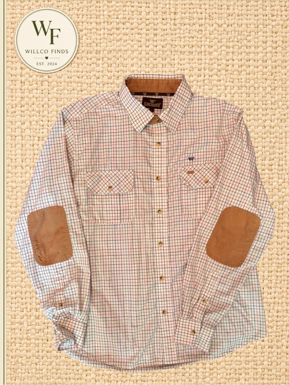 King Ranch Men’s Large Plaid Shooting Shirt Suede Elbow Patches Western